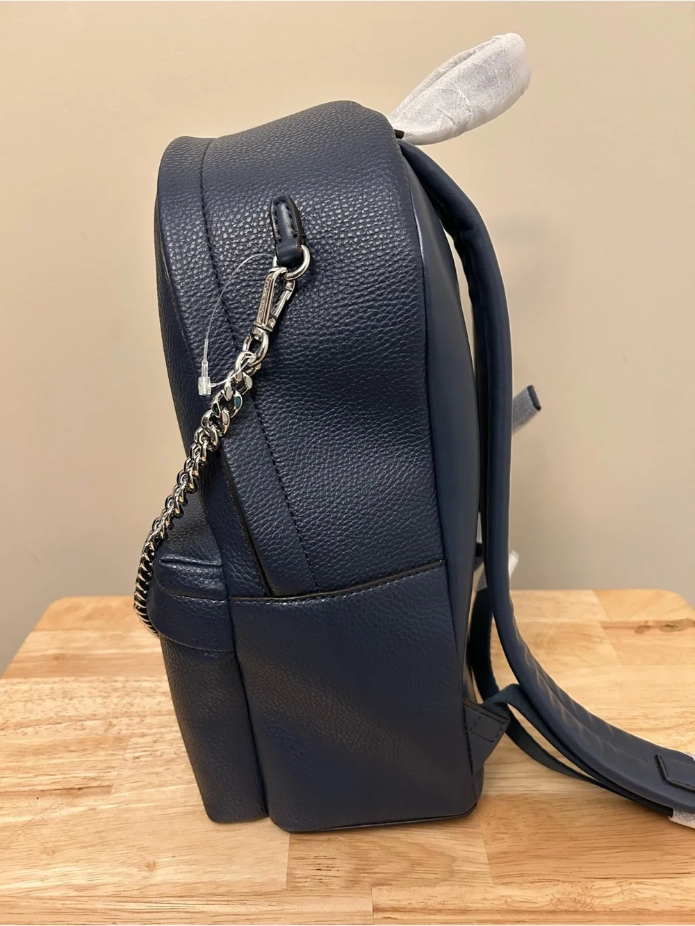 Michael Kors Navy Pebbled Leather Backpack with Silver Chain